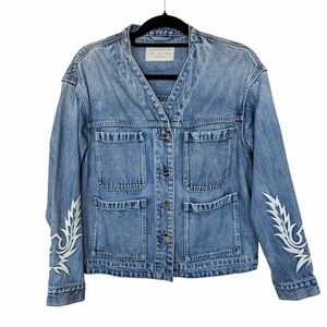 NWT All Saints Terri Workwear cotton Blue Denim Jacket White Embroidery size 2